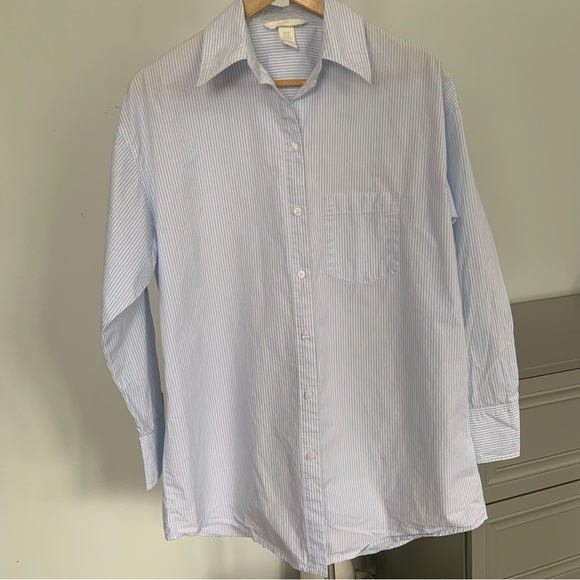 CRISP OVERSIZED COTTON BUTTON UP COLLARED SHIRT / WHITE & PALE BLUE STRIPE - Picture 4 of 10